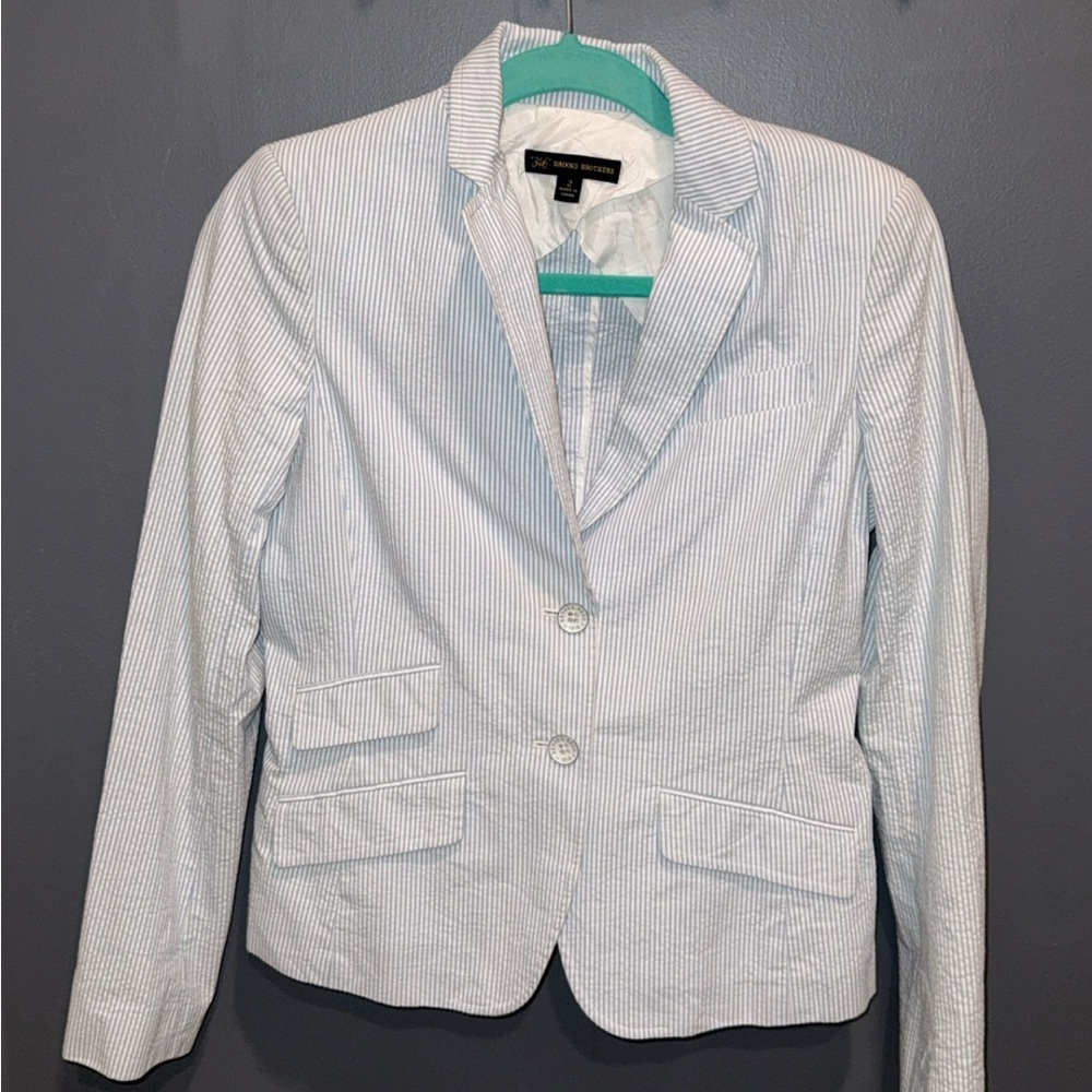 Brooks Brothers Seersucker Women's Blazer Jacket Blue & White Size 2 Worn 1x